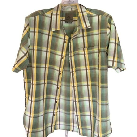 Prana Mens Plaid Green Brown Button Down Short Sleeve Camp Shirt Sz  M - Picture 1 of 7